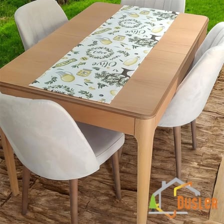 Düşler Ev Tekstili 50x150 Zeytin Ağacı Desenli Su ve Leke İtici Duck Kumaş Yemek Masası Örtüsü Dikdörtgen Runner 