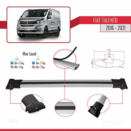 Fiat Talento 2016-2021 Arası ile Uyumlu FLY Model Ara Atkı Tavan Barı Gri 2 Adet