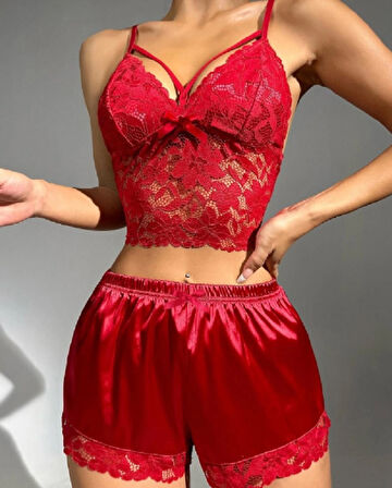La Pure Kırmızı Dantelli Saten Şortlu Gecelik Takımı | Seksi ve Şık 2 li Kadın Ev Giyim Seti