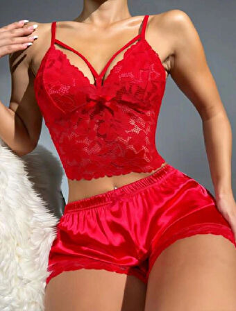 La Pure Kırmızı Dantelli Saten Şortlu Gecelik Takımı | Seksi ve Şık 2 li Kadın Ev Giyim Seti