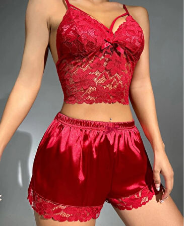 La Pure Kırmızı Dantelli Saten Şortlu Gecelik Takımı | Seksi ve Şık 2 li Kadın Ev Giyim Seti