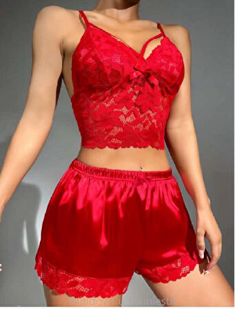La Pure Kırmızı Dantelli Saten Şortlu Gecelik Takımı | Seksi ve Şık 2 li Kadın Ev Giyim Seti