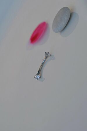 Minimal Çelik İki Ucu Taşlı Göbek Piercingi Gümüş Renkli