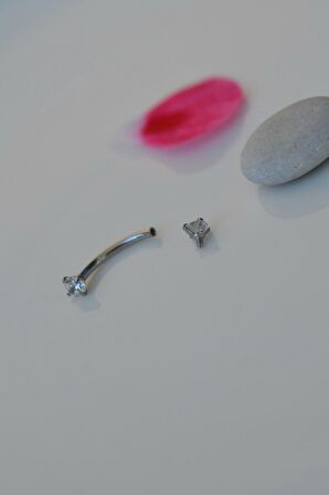 Minimal Çelik İki Ucu Taşlı Göbek Piercingi Gümüş Renkli