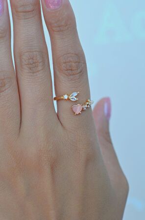 Pembe Kalpli Yapraklı Çiçekli Ayarlanabilir Yüzük Eklem Yüzüğü