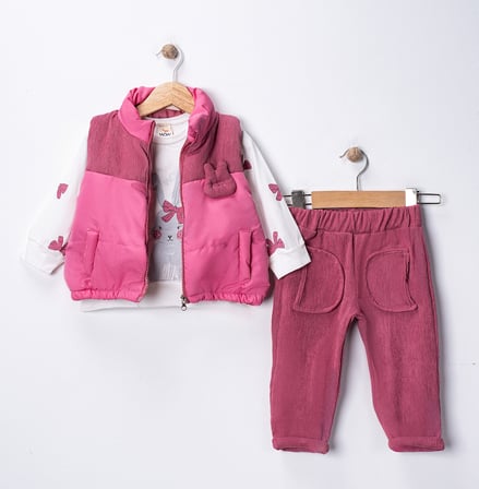 Kız Bebek 3’lü Takım 9-24 Ay Şişme Yelek %100 Pamuk Sweatshirt Kadife Pantolon