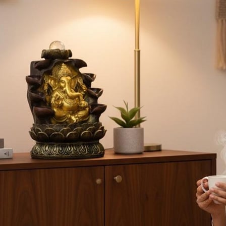 Dekoratif Büyük Şelaleli LED Işıklı Ganesha Masaüstü Dekoratif Su Çeşmesi – Feng Shui Ev, Ofis ve Me