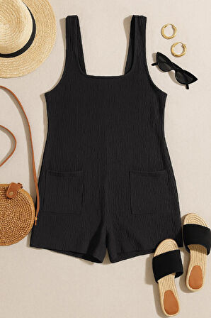 Kadın Siyah Mini Cepli Tulum Plaj Elbisesi