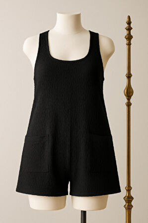 Kadın Siyah Mini Cepli Tulum Plaj Elbisesi