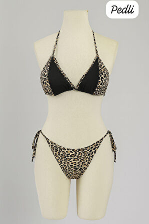 Kadın Siyah ve Leopar Detaylı Yandan Bağlamalı Bikini Takımı