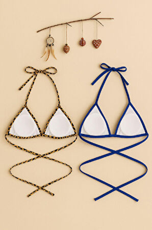 Kadın Leopar Desenli ve Mavi Minimal Kesim Üçgen Bikini Üstü