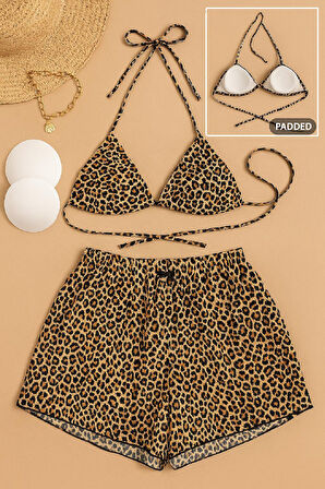 Kadın 3'lü Set Leopar Desenli Şortlu ve Yandan Bağlamalı Bikini Mayo Takımı