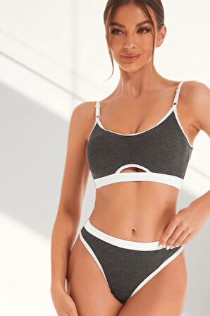 Kadın Gri Antrasit Kaşkorse ve Beyaz Lastikli Cut-Out Tanga Külotlu Takım