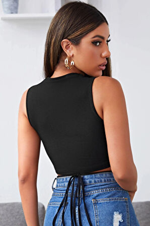 Kadın Siyah Çapraz Bağlamalı Crop Top Büstiyer