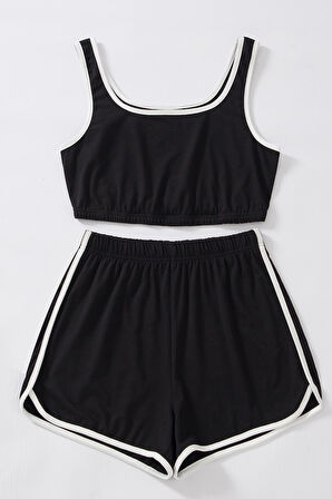Kadın Siyah Askılı Crop Top ve Şortlu Gecelik Takım