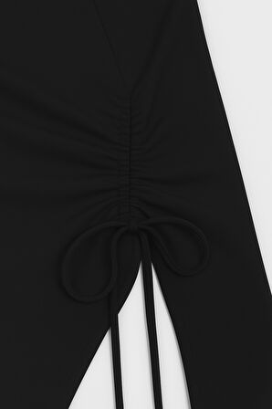 Kadın Siyah Uzun İspanyol Kollu Asimetirik Yaka Yandan Bağlamalı Drapeli Bluz