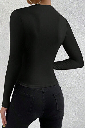 Kadın Siyah Belden ve Boyundan Büzgü Detaylı Uzun Kollu Bluz