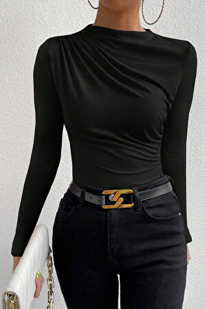 Kadın Siyah Belden ve Boyundan Büzgü Detaylı Uzun Kollu Bluz