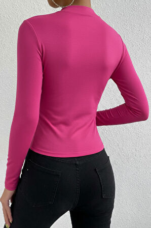 Kadın Fuşya Belden ve Boyundan Büzgü Detaylı Uzun Kollu Bluz