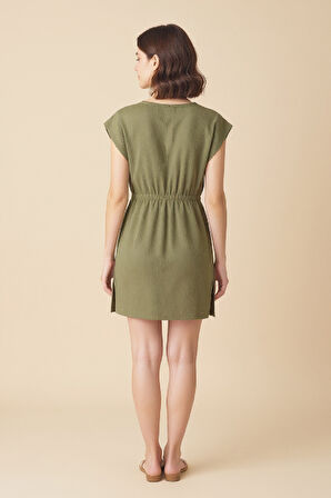 Kadın Haki Yanları Yırtmaçlı Tokalı V Yaka Mini Plaj Elbisesi