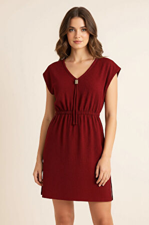 Kadın Bordo Yanları Yırtmaçlı Tokalı V Yaka Mini Plaj Elbisesi