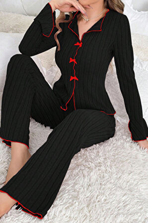 Kadın Siyah Kırmızı Biyeli ve Fiyonklu Uzun Kollu Mevsimlik Pijama Takımı