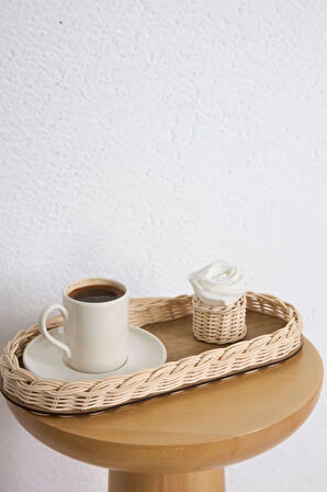 2'li Set Rattan Düzenleyici & Rattan Güllük Sunum Seti Düzenleyici Tepsi, Kahve Sunumluğu