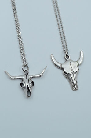 2'li Bufalo Boğa Kuru Kafa Gümüş Kaplama Kolye Seti