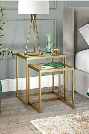 Modern Gold Renk Metal İskeletli Temper Camlı Zigon Sehpa Yan Sehpa