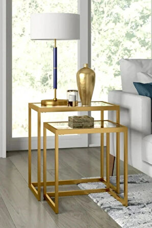 Modern Gold Renk Metal İskeletli Temper Camlı Zigon Sehpa Yan Sehpa