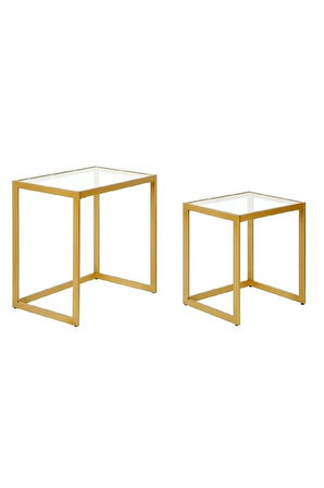 Modern Gold Renk Metal İskeletli Temper Camlı Zigon Sehpa Yan Sehpa