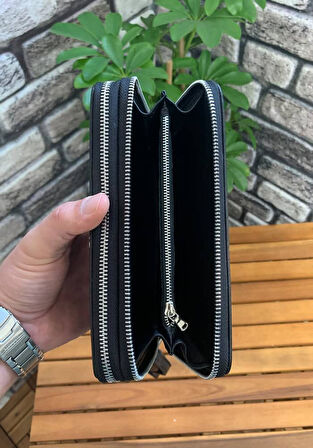 Guard Çift Fermuarlı Siyah Deri El Çantası