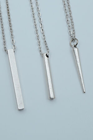 3'lü Çubuk Prizma Silindir Çubuk Gümüş Kaplama Kolye Seti