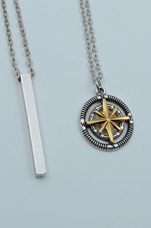 2'li Çubuk Prizma Pusula Kutup Yıldızı Gümüş Kaplama Kolye Seti