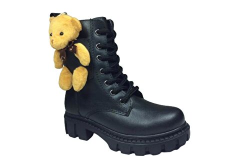 OrtopedikAL 1087 Patik Kız Çocuk Siyah Ayıcıklı Bot Bağcıklı Yanı Fermuarlı Anatomik