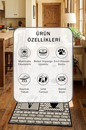 Ehl 268 Siyah Mutfak Halısı Yıkanabilir Kaymaz Leke Tutmaz Dijital Baskı