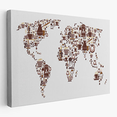 Harita Sepeti Kahve Coffee Temalı Dünya Haritası Dekoratif Kanvas Tablo 1087