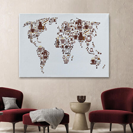 Harita Sepeti Kahve Coffee Temalı Dünya Haritası Dekoratif Kanvas Tablo 1087