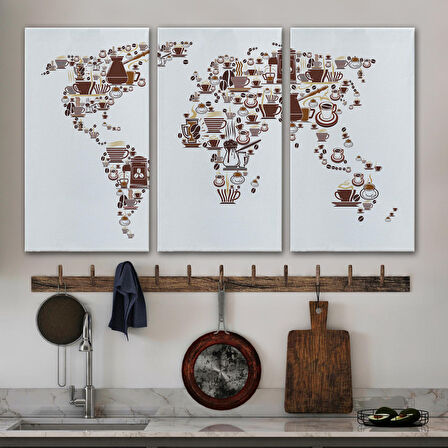 Harita Sepeti Kahve Coffee Temalı Dünya Haritası Dekoratif Kanvas Tablo 1087