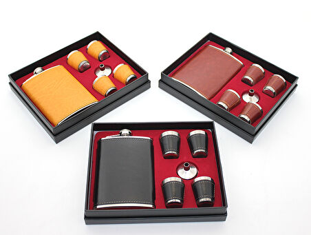 Paslanmaz Çelik 4 Shot Bardaklı Derili Matara Seti Model 1 