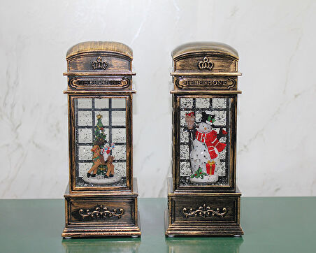 Telefon Kulübesi Tasarımlı Yılbaşı Temalı Işıklı Müzikli Kar Küresi Model 1 