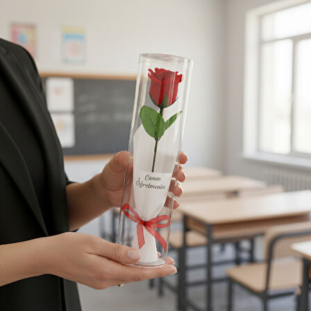 Şeffaf Silindir Kutulu Gül - Öğretmenler Günü Hediyesi