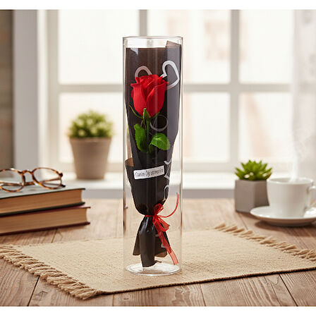 Şeffaf Silindir Kutulu Gül - Öğretmenler Günü Hediyesi