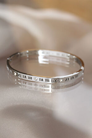  316L Çelik Roma Rakamlı Silver Renk Bilezik Kelepçe