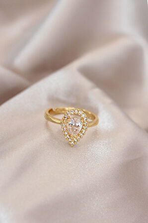  Ayarlamalı Gold Renk Metal Zirkon Taşlı Damla Model Yüzük