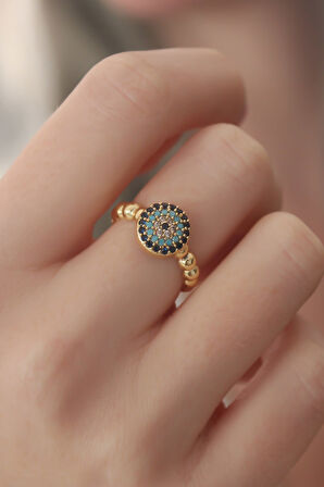  Gold Renk Nazar Boncuk Figür Zirkon Taş Detay Kadın Yüzük