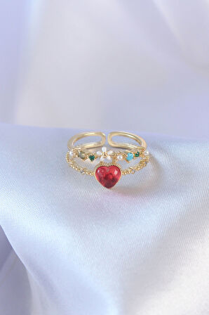  Gold Renk Kırmızı Zirkon Taş Kalp Model Pirinç Kadın Yüzük