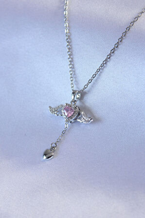  316L Çelik Gümüş Renk Kanatlı Kalp Figür Zirkon Taş Detay Kadın Kolye