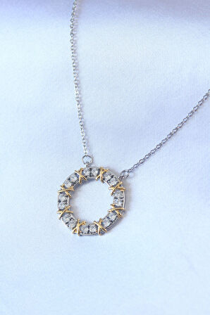  316L Çelik Gümüş Renk Zirkon Taşlı Gold Detay Xoxo Kadın Kolye