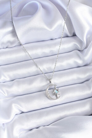  316L Çelik Gümüş Renk Zirkon Taşlı Ay Yıldız Model Kadın Kolye